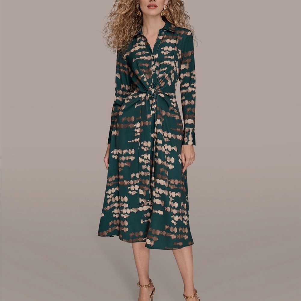Donna Karan Teal and Beige Long Sleeve Dress